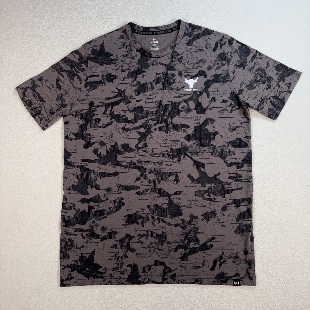 Under Armour Project Rock T-Shirt Men's M Gray Camo Loose Bull Logo 1383194